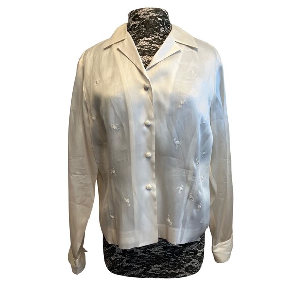 Vintage 80s‎ Silk Blouse Rena Rowan Button Up Long Sleeve Embroidered Lined 16 - Picture 1 of 13